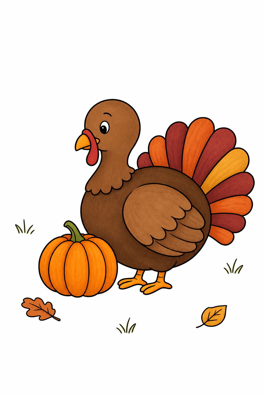 Thanksgiving Turkey and Pumpkin Among Grass Tufts storybook colorized preview
