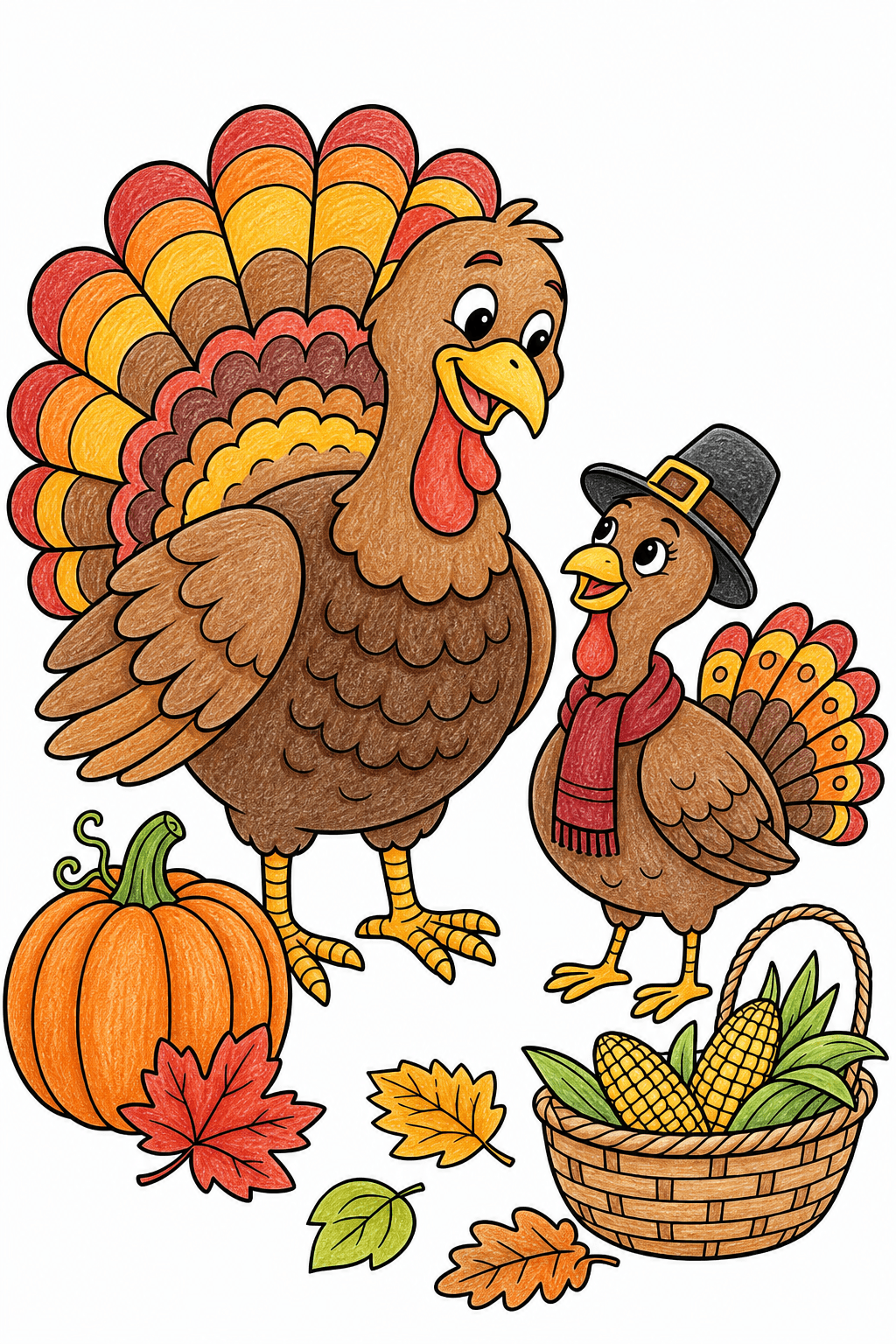 Turkey Pair with a Fall Harvest Basket colored-pencil colorized preview