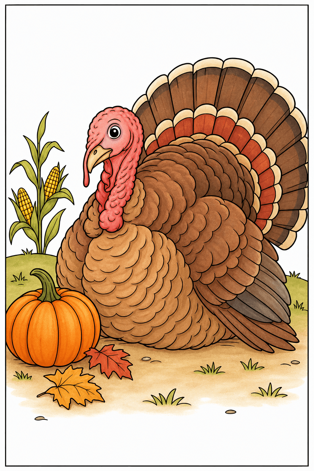 Turkey Portrait in a Thanksgiving Harvest Patch storybook colorized preview