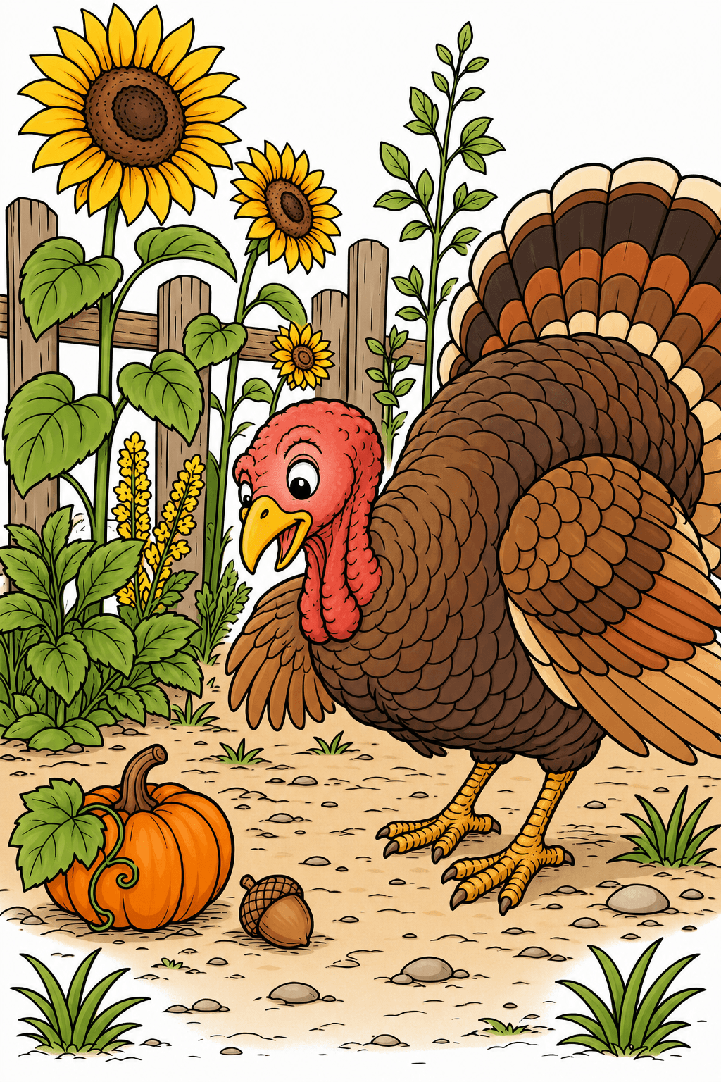 Turkey Beside Sunflowers in an Autumn Garden clean-digital colorized preview