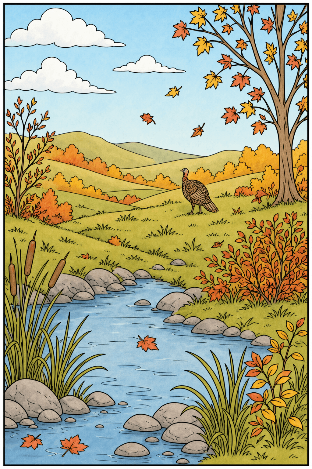Turkey Beside a Winding Autumn Stream storybook colorized preview