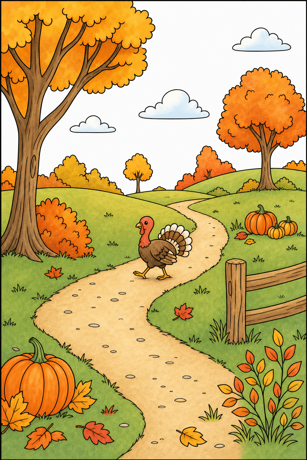 Turkey on a Winding Autumn Path storybook colorized preview