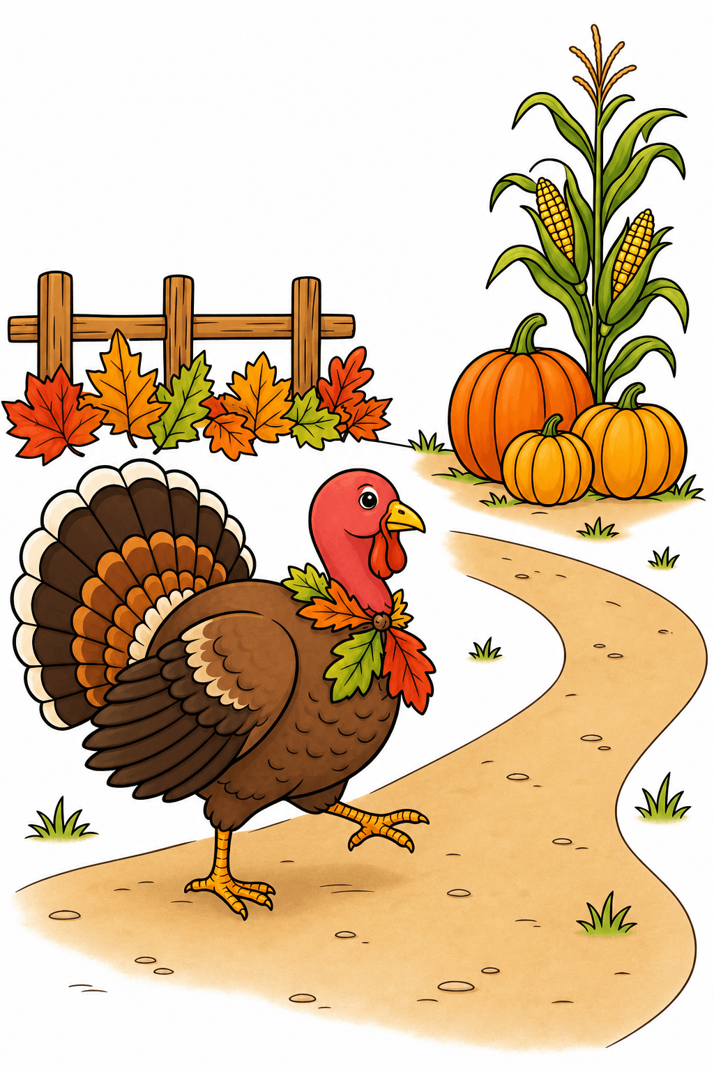 Turkey Walking Through a Thanksgiving Harvest Scene clean-digital colorized preview