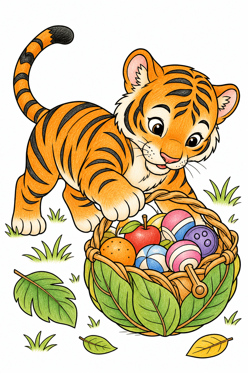Tiger Cub Exploring a Basket colored-pencil colorized preview