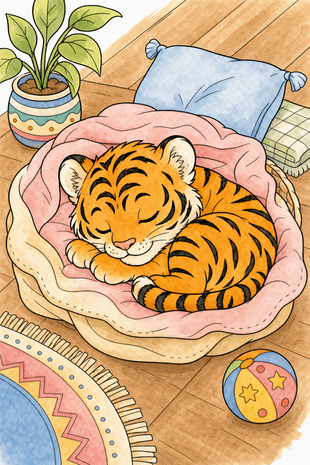 Sleeping Baby Tiger Curled in a Cushioned Bed watercolor colorized preview