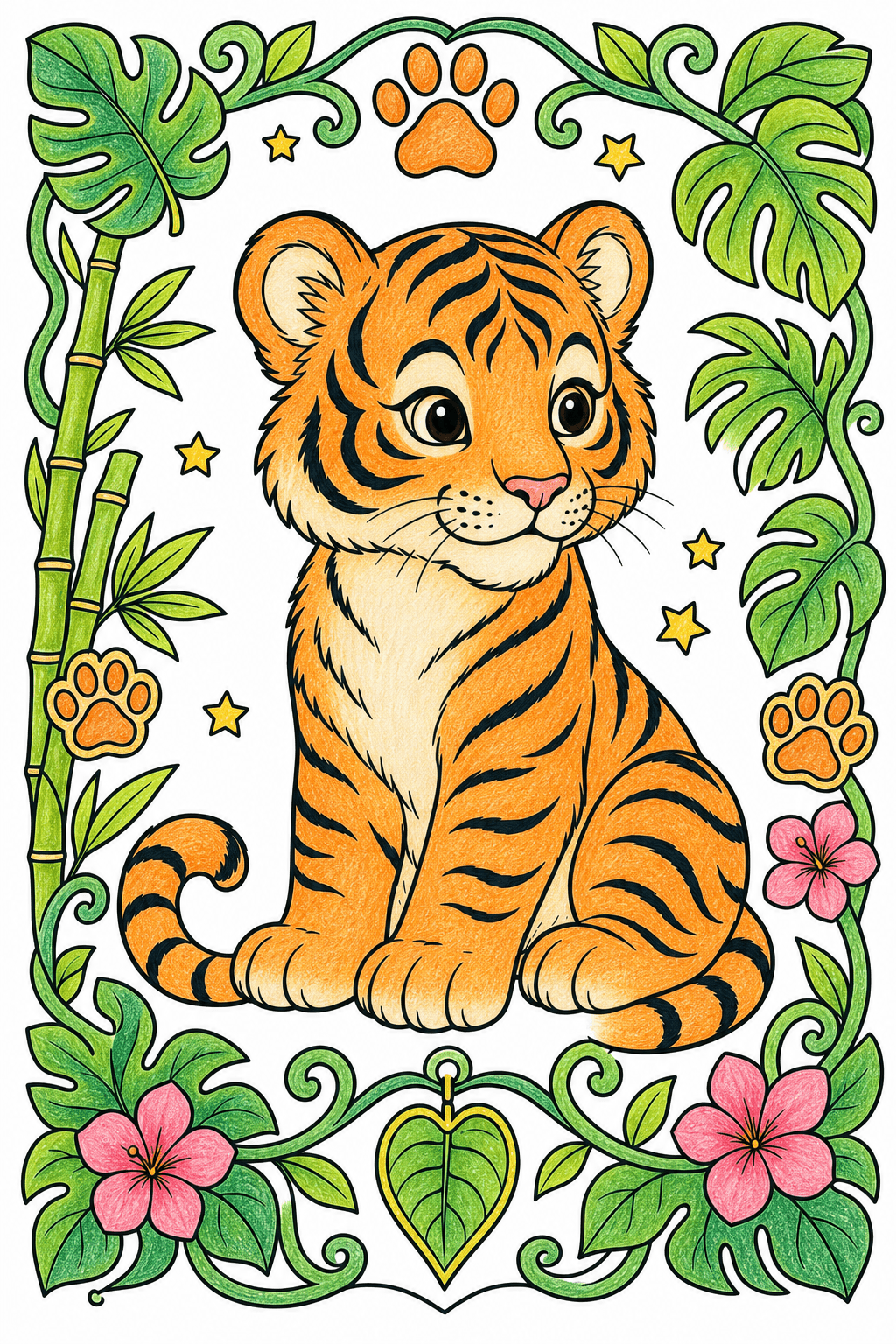 Baby Tiger Framed by Tropical Foliage colored-pencil colorized preview