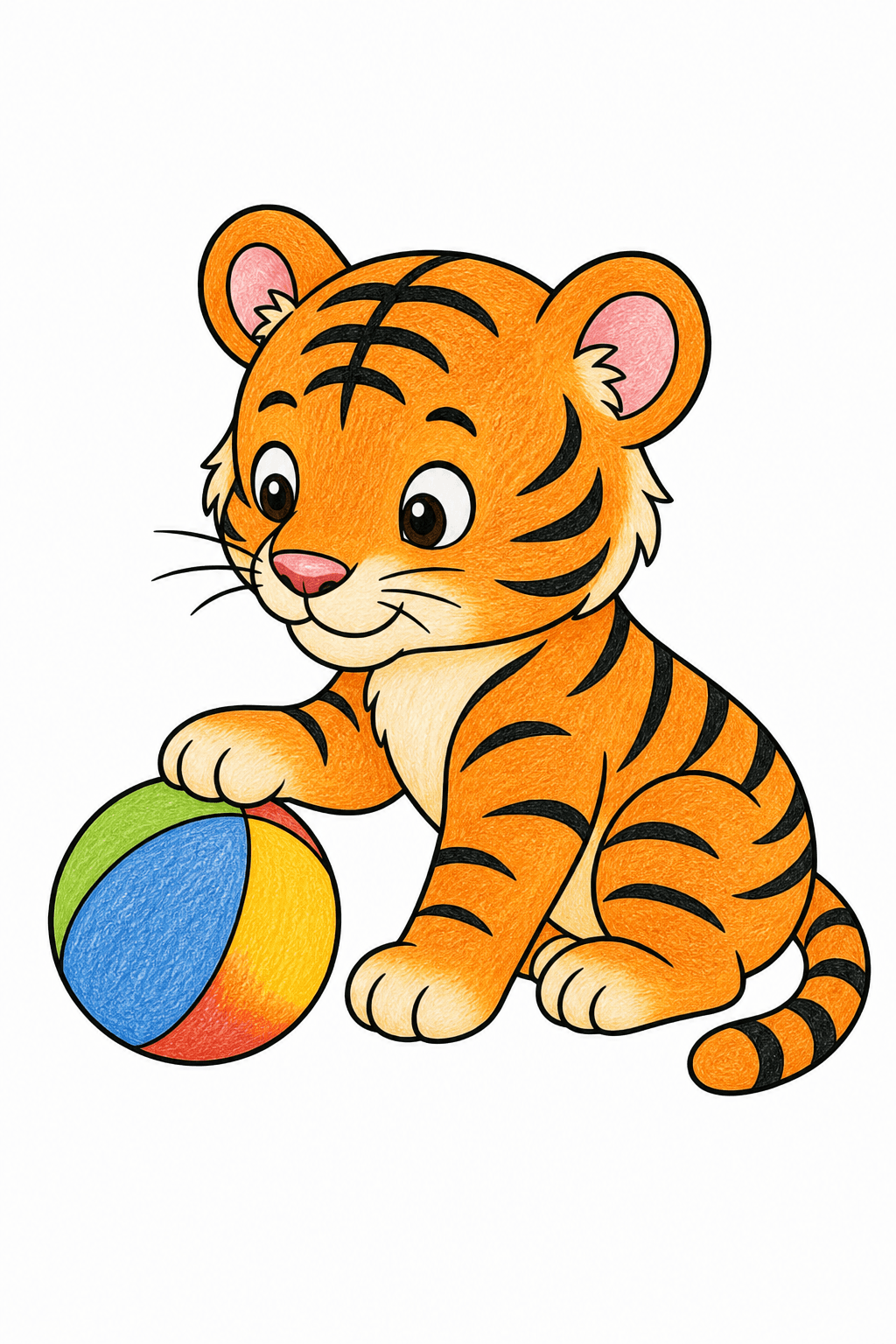 Easy Baby Tiger with a Ball Coloring Page colored-pencil colorized preview