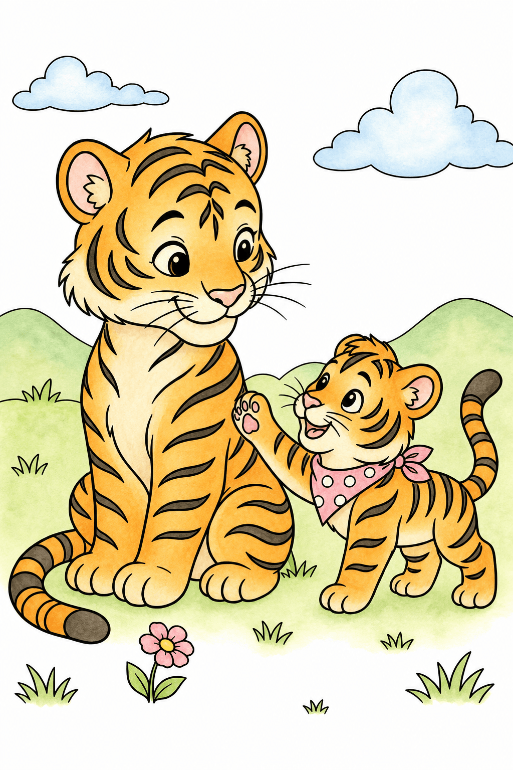 Playful Tiger Cubs in an Outdoor Scene watercolor colorized preview