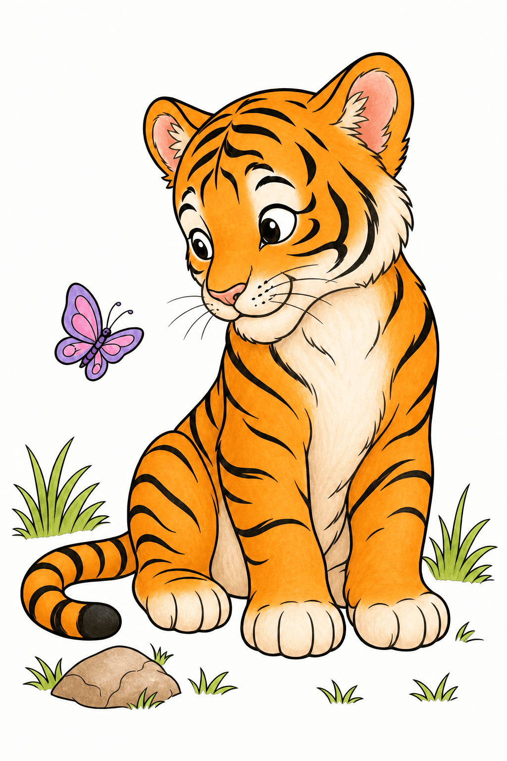 Seated Tiger Cub Watching a Butterfly storybook colorized preview