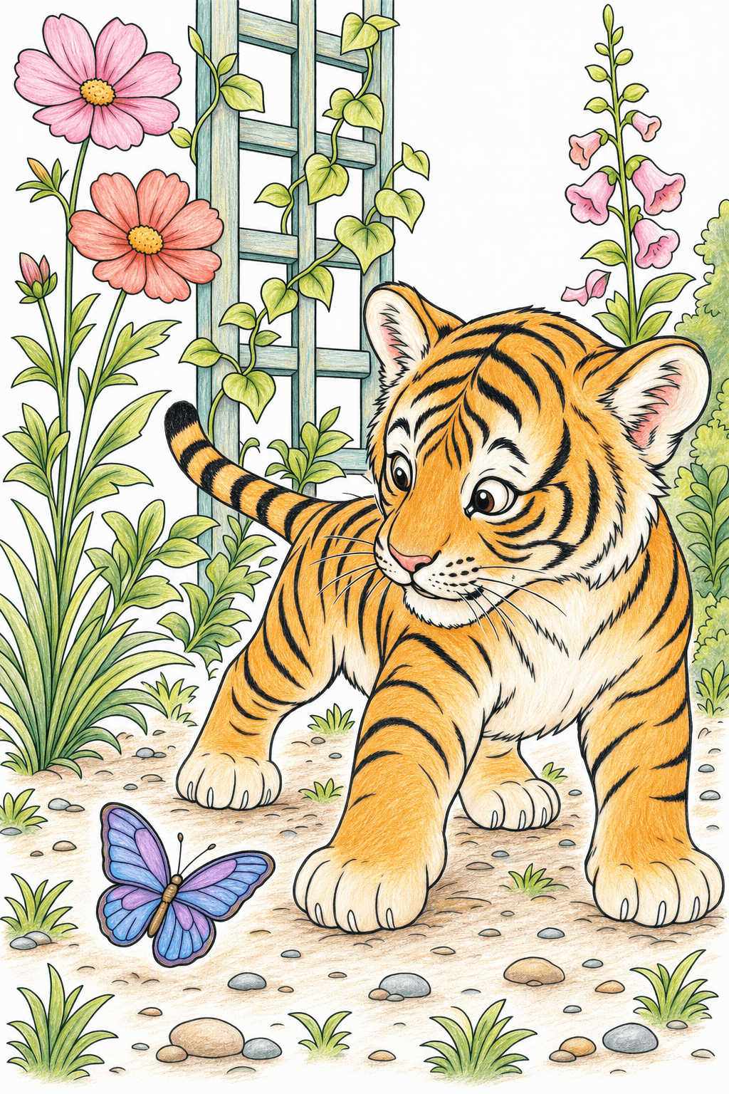 Baby Tiger Reaching for a Butterfly colored-pencil colorized preview