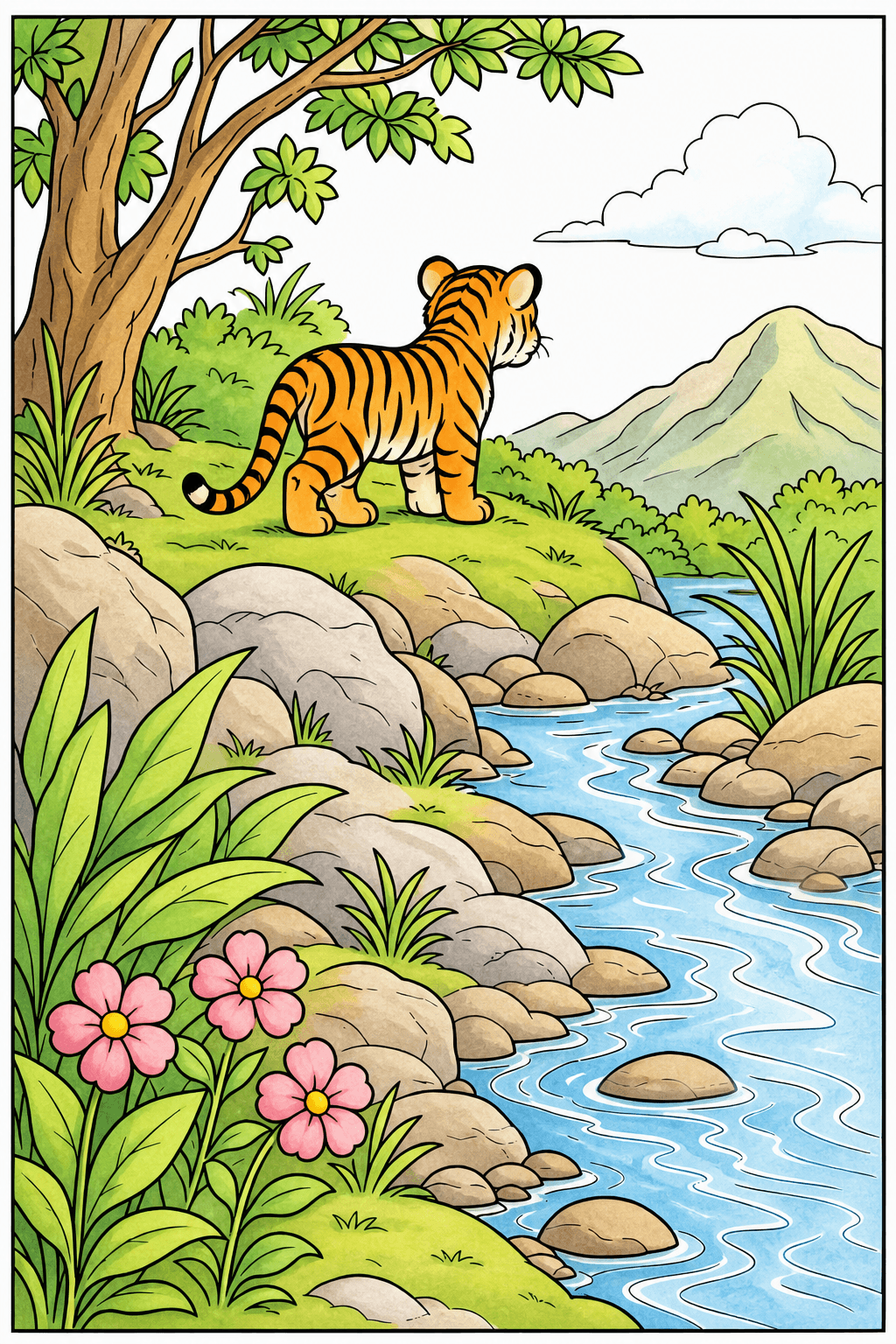 Tiger Cub Beside a Rocky Stream storybook colorized preview