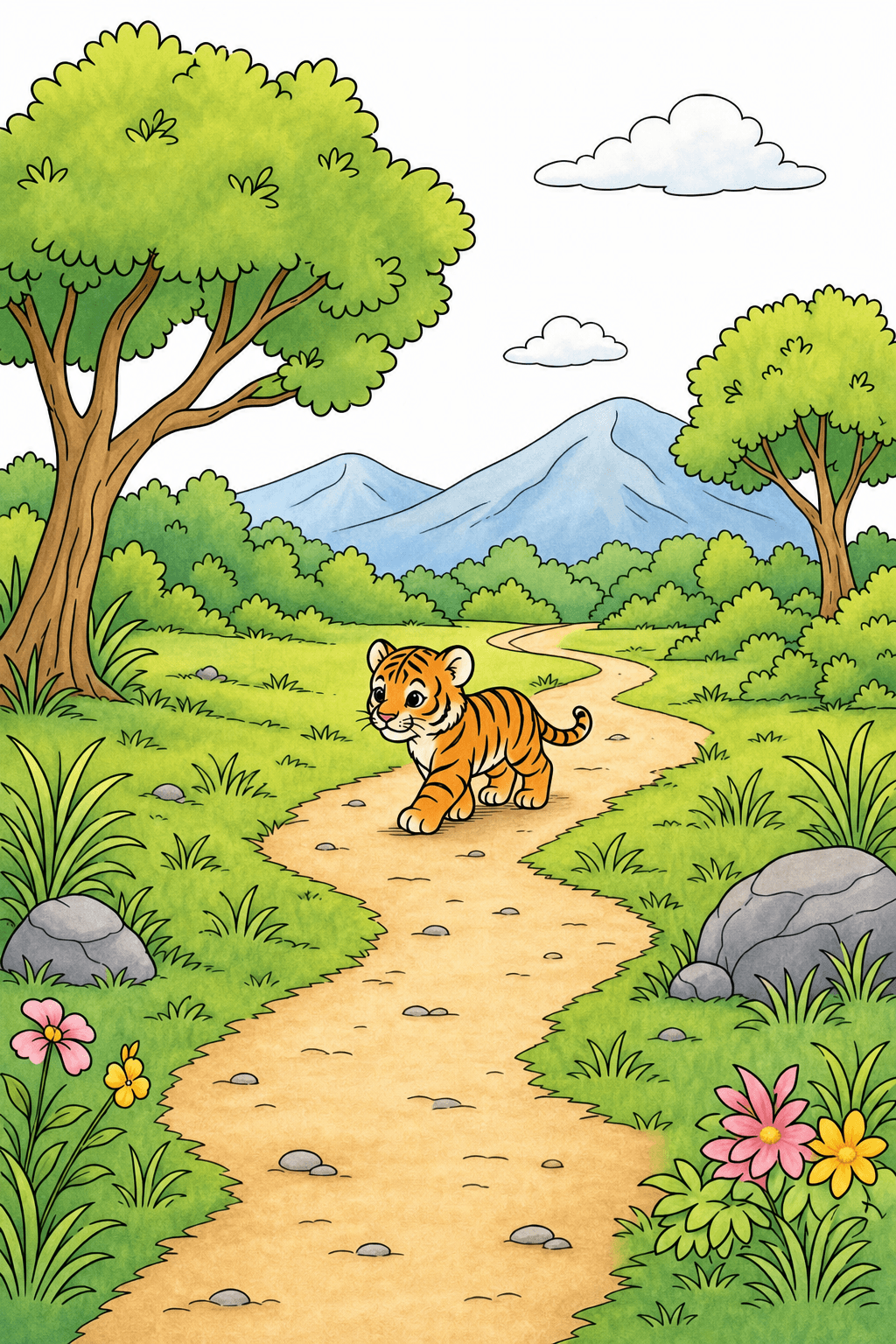 Baby Tiger Walking Along a Winding Scenic Path storybook colorized preview