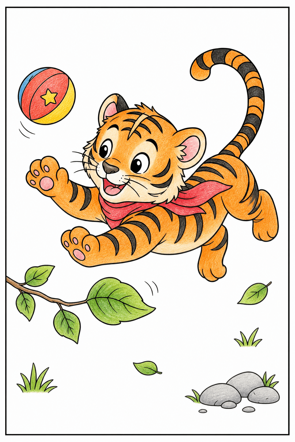 Baby Tiger Leaping Toward a Star Ball colored-pencil colorized preview