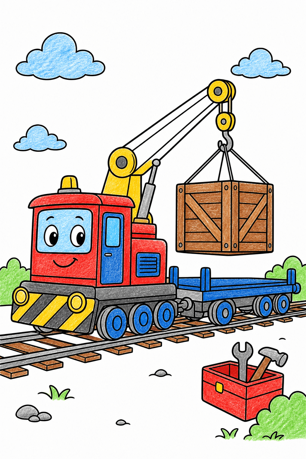 Smiling Crane Train With Toolbox crayon colorized preview