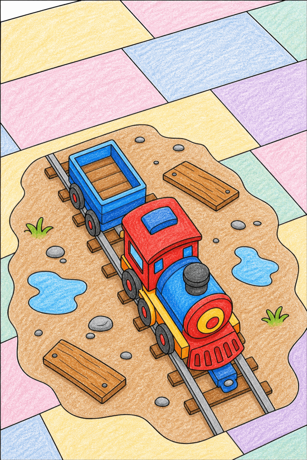 Toy Steam Train on an Indoor Track crayon colorized preview