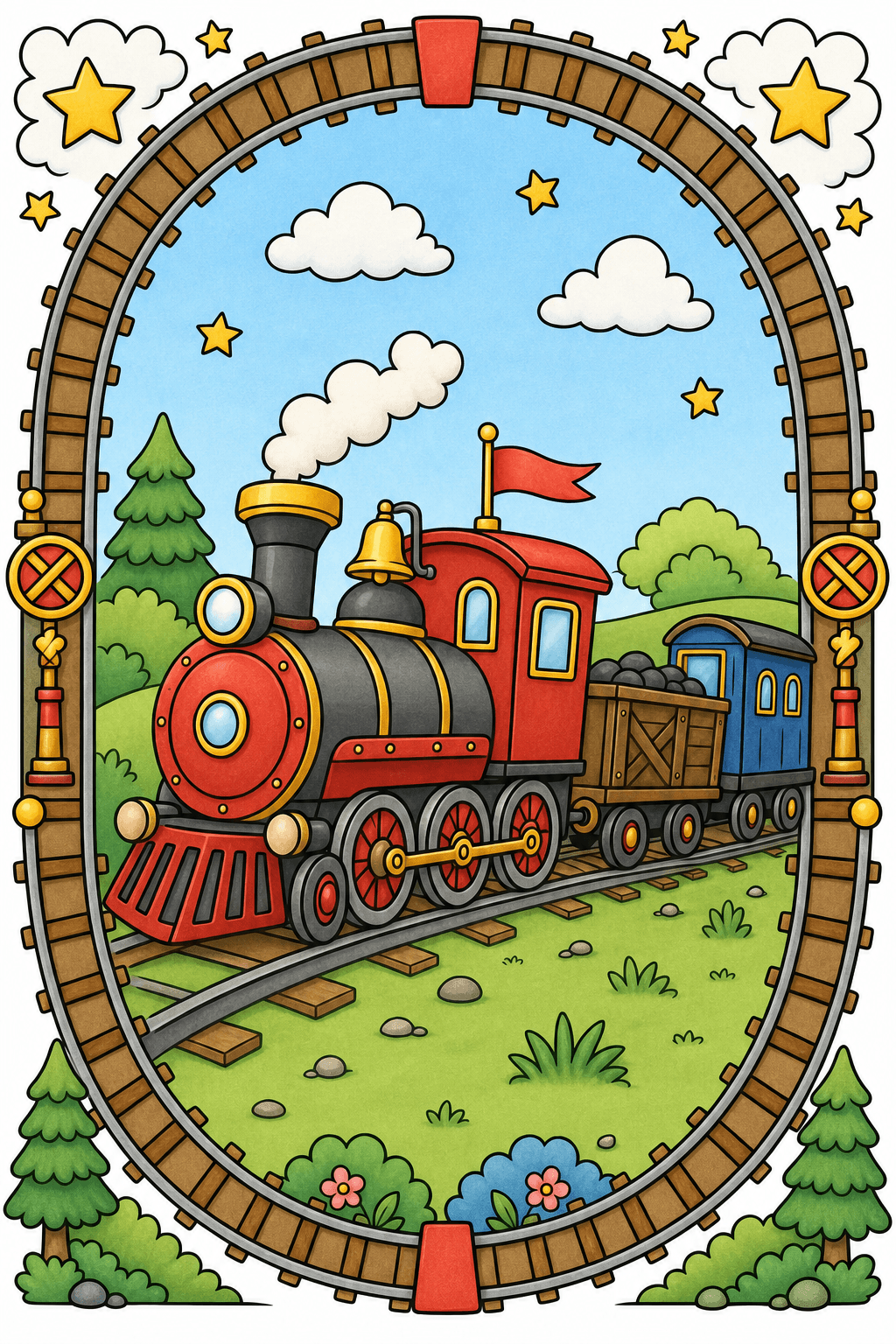 Steam Train Framed by an Oval Rail Border storybook colorized preview