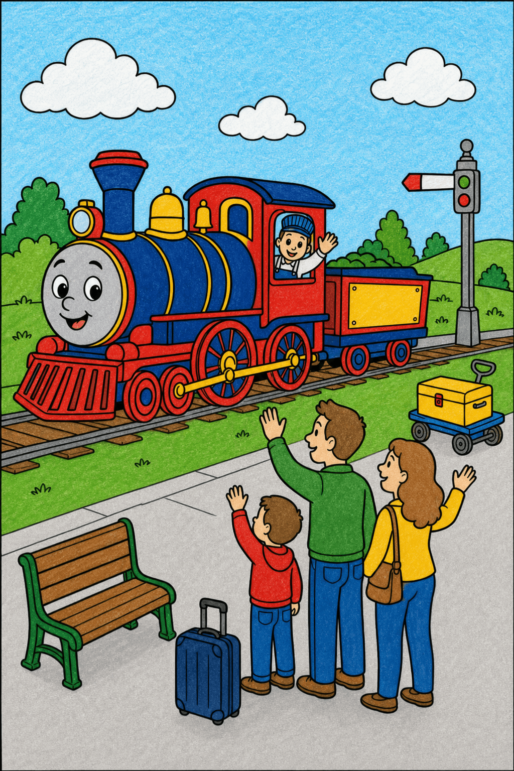 Family Waving to a Steam Train crayon colorized preview
