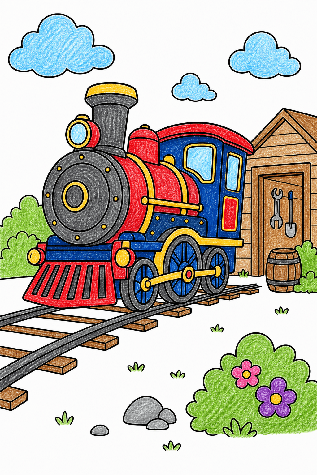 Steam Locomotive Beside a Workshop crayon colorized preview