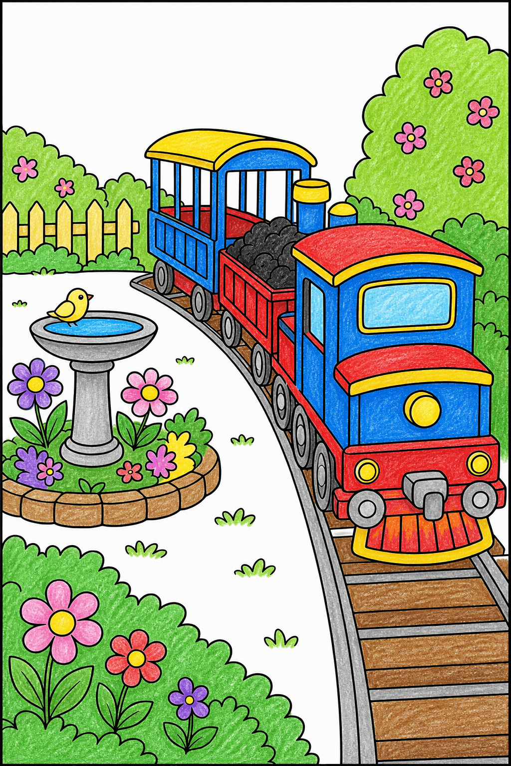 Train Curving Through a Flower Garden crayon colorized preview
