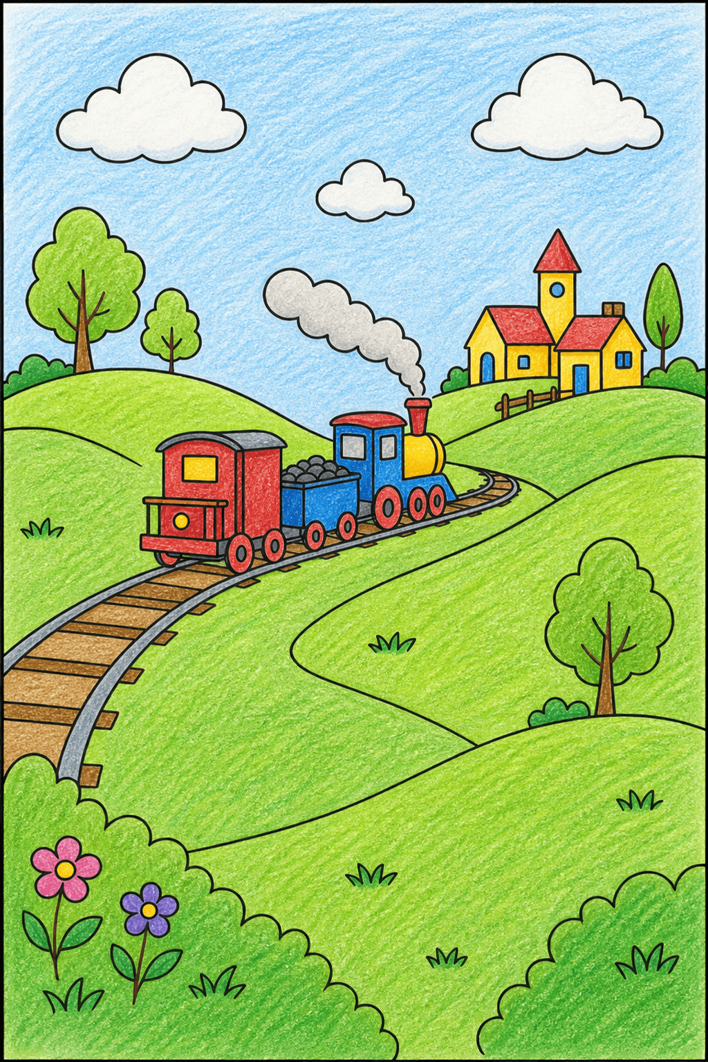 Steam Train Traveling Through Rolling Hills crayon colorized preview