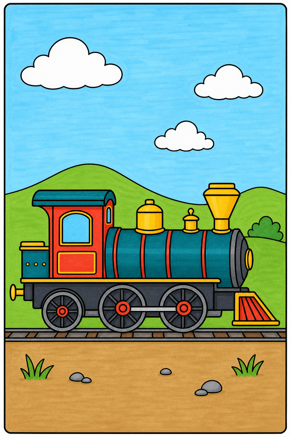Steam Locomotive on Straight Tracks marker colorized preview