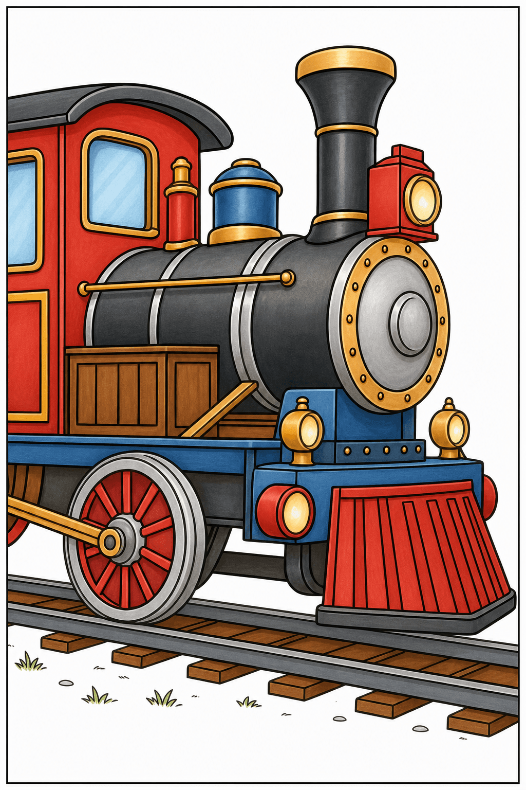 Close-Up Steam Locomotive Coloring Page storybook colorized preview