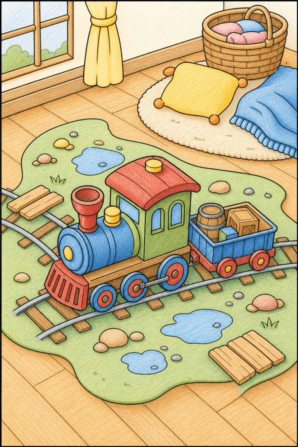 Toy Steam Train in a Cozy Room colored-pencil colorized preview