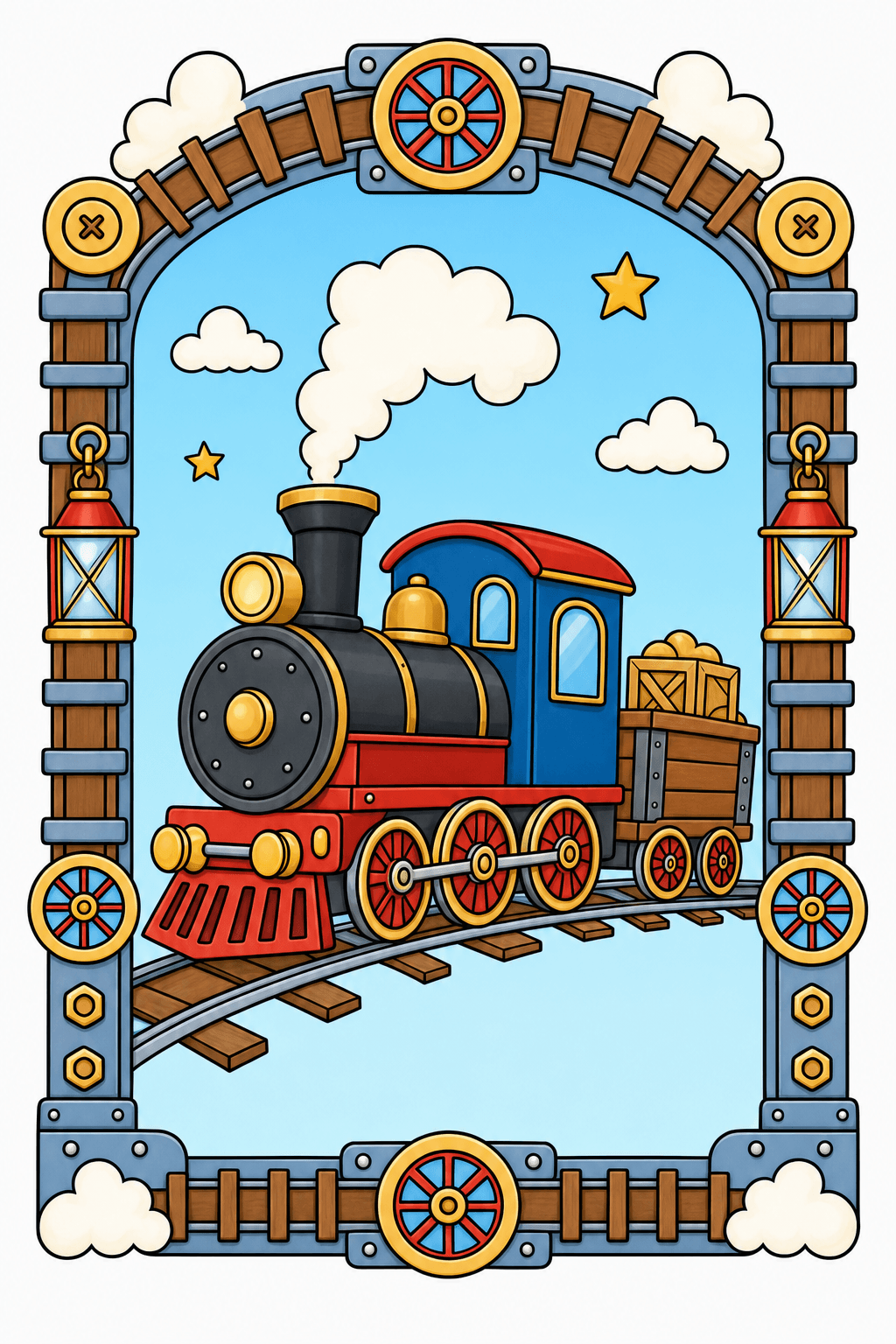 Steam Locomotive in a Decorative Railway Border clean-digital colorized preview