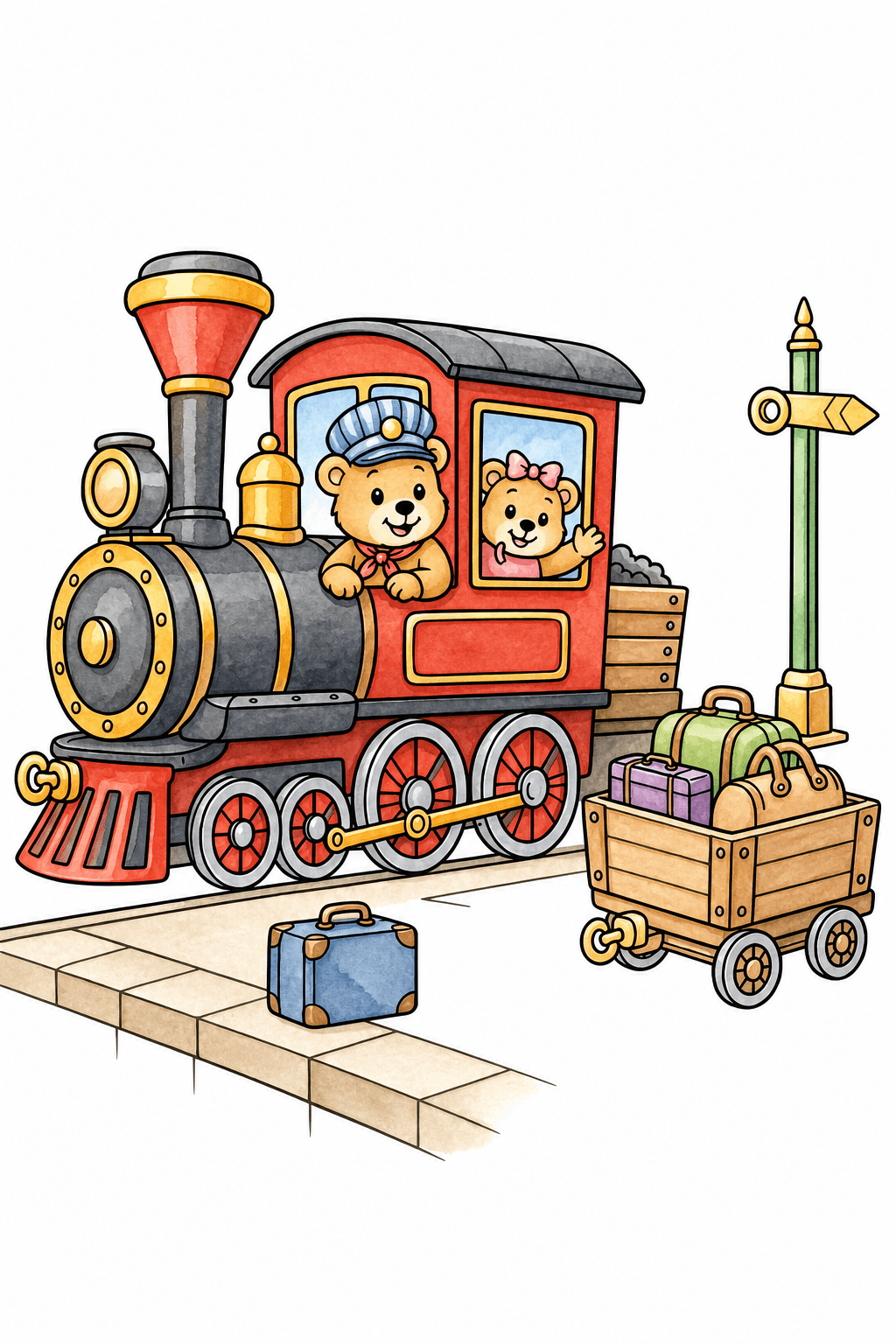 Bear Passengers at a Train Station watercolor colorized preview