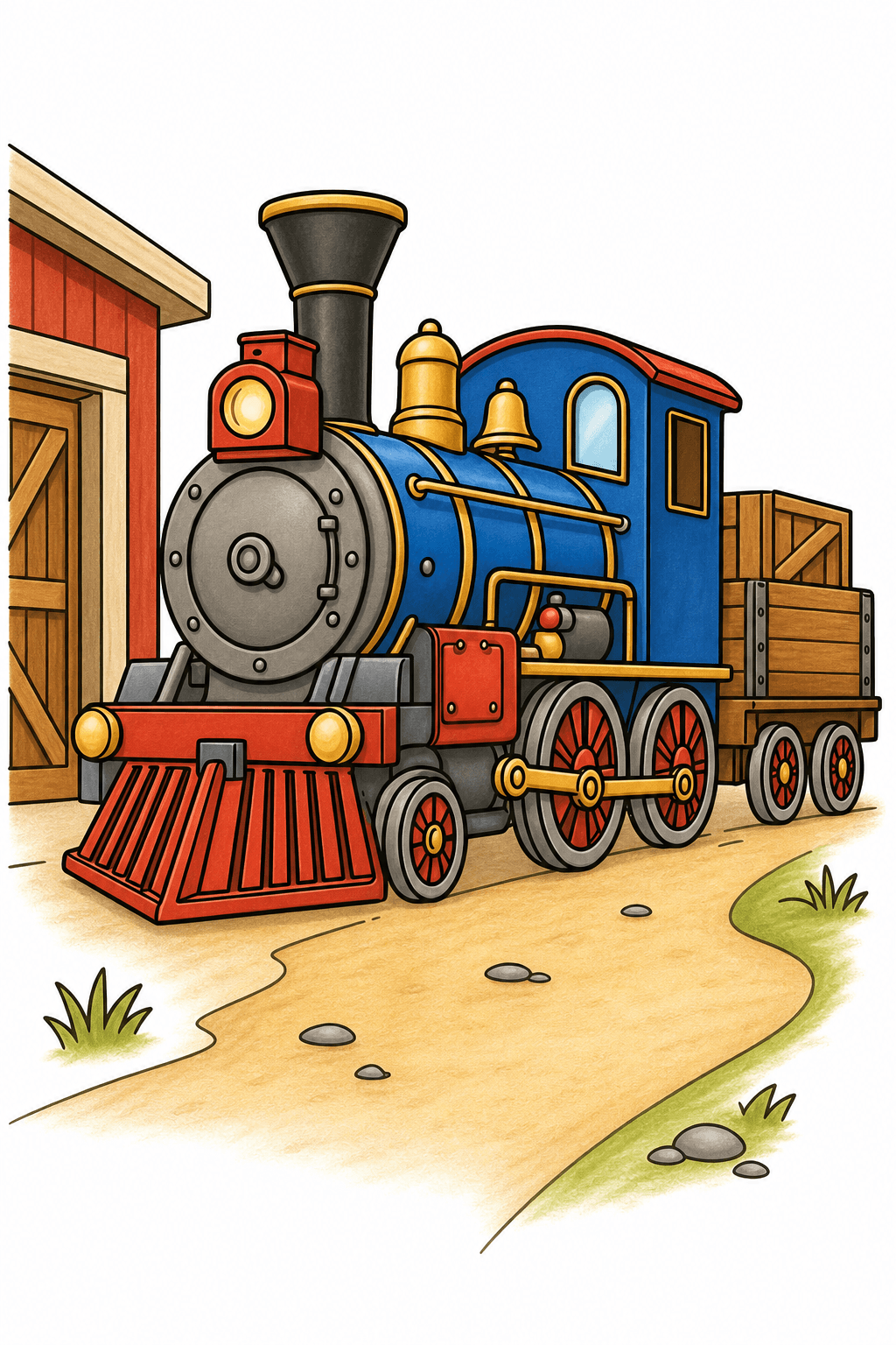 Steam Train with a Freight Car by a Barn storybook colorized preview