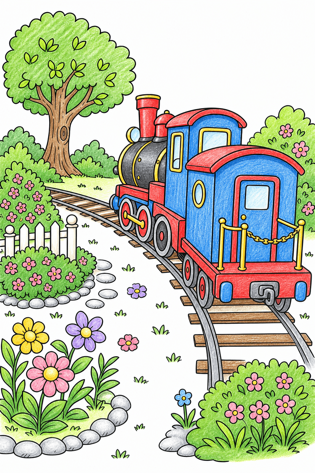 Steam Train in a Flower Garden colored-pencil colorized preview