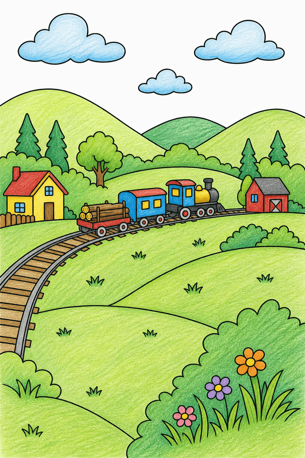 Countryside Train on Curved Tracks colored-pencil colorized preview