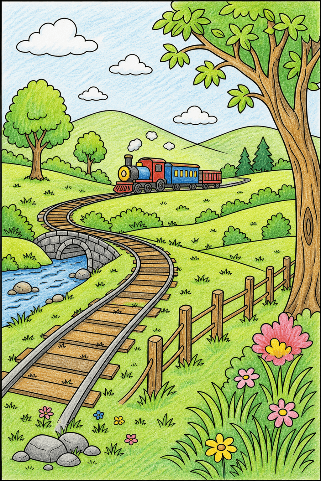 Countryside Train with a Stone Bridge colored-pencil colorized preview
