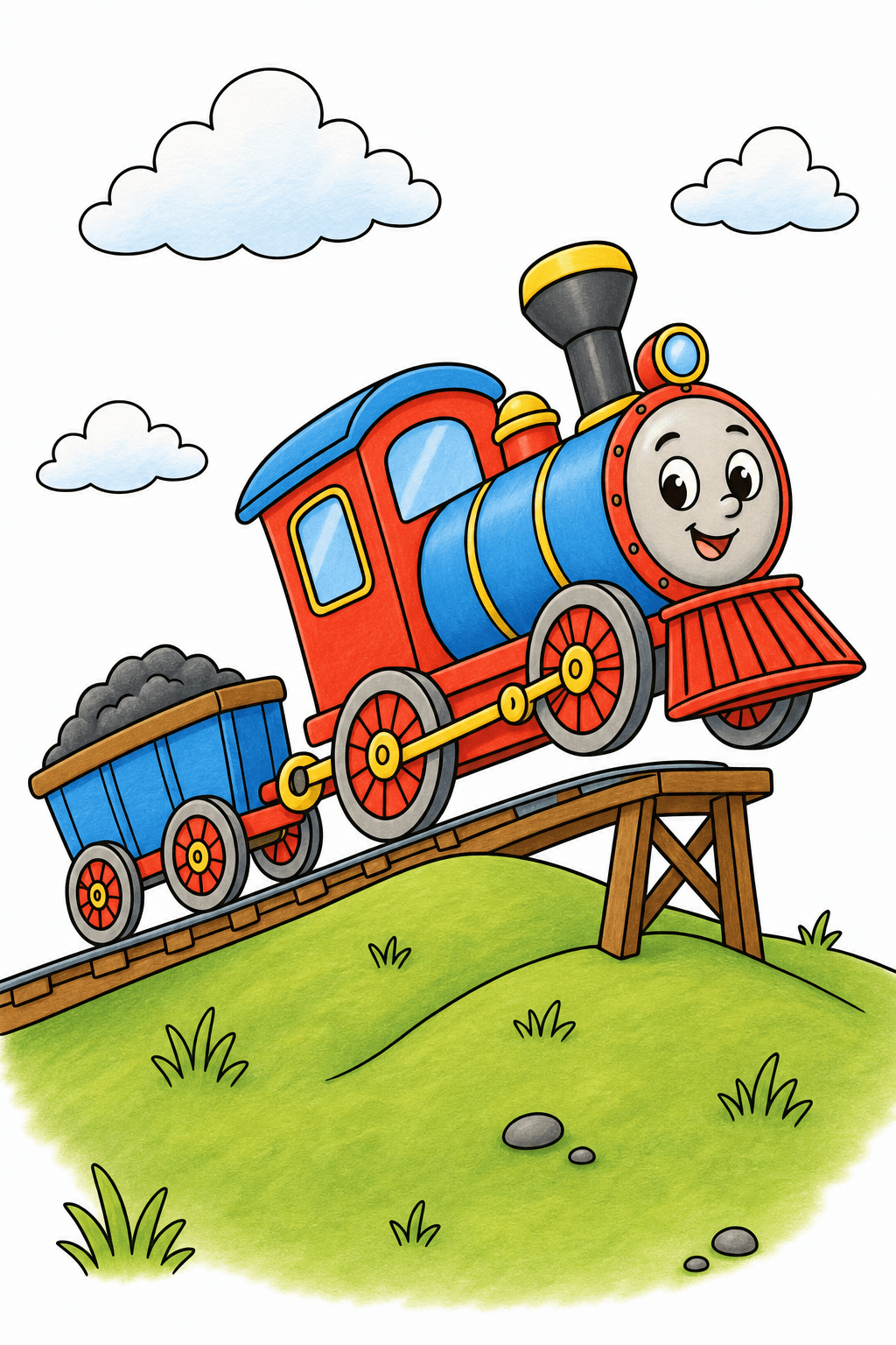 Smiling Steam Train Climbing a Hill storybook colorized preview