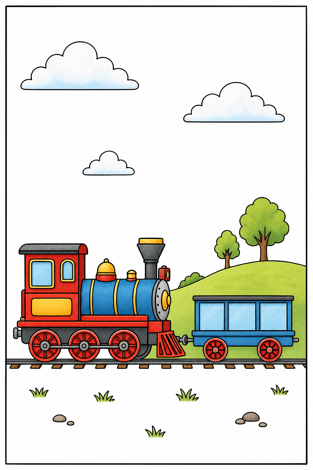 Side-View Steam Train in the Countryside storybook colorized preview