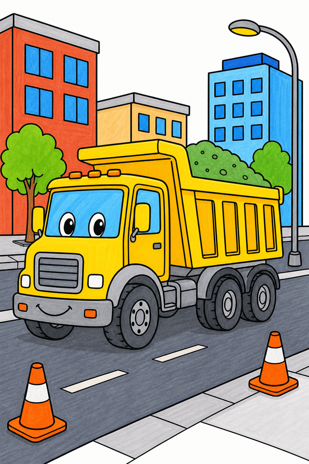 Smiling Dump Truck Carrying Rocks in the City marker colorized preview