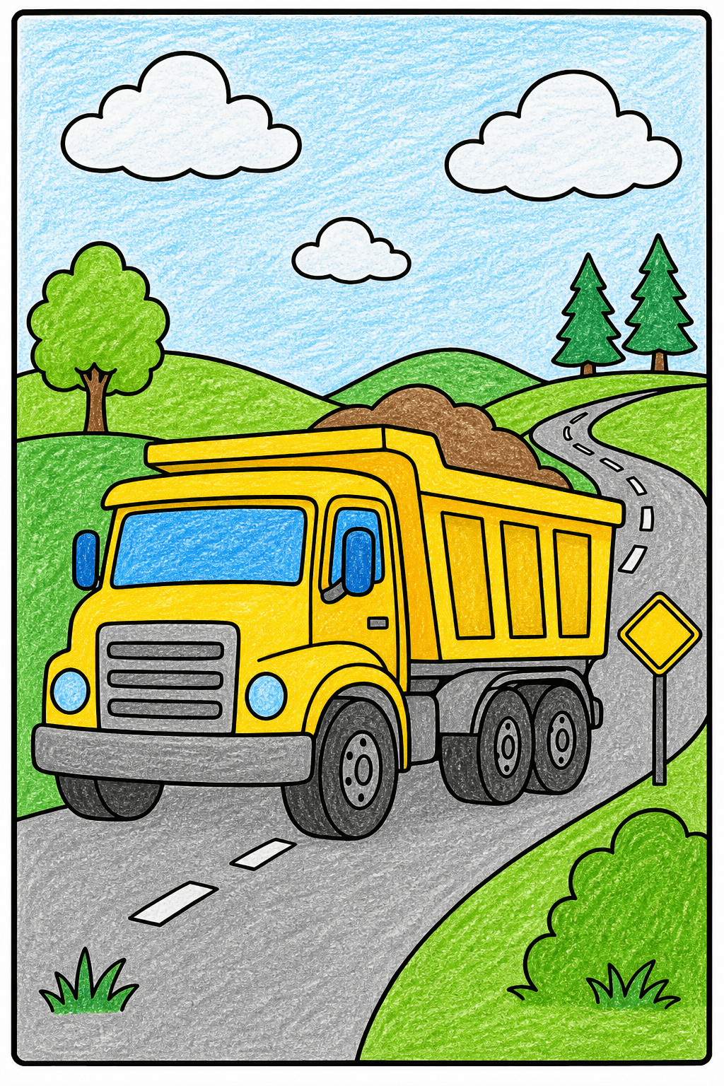 Empty Dump Truck on a Winding Hill Road crayon colorized preview