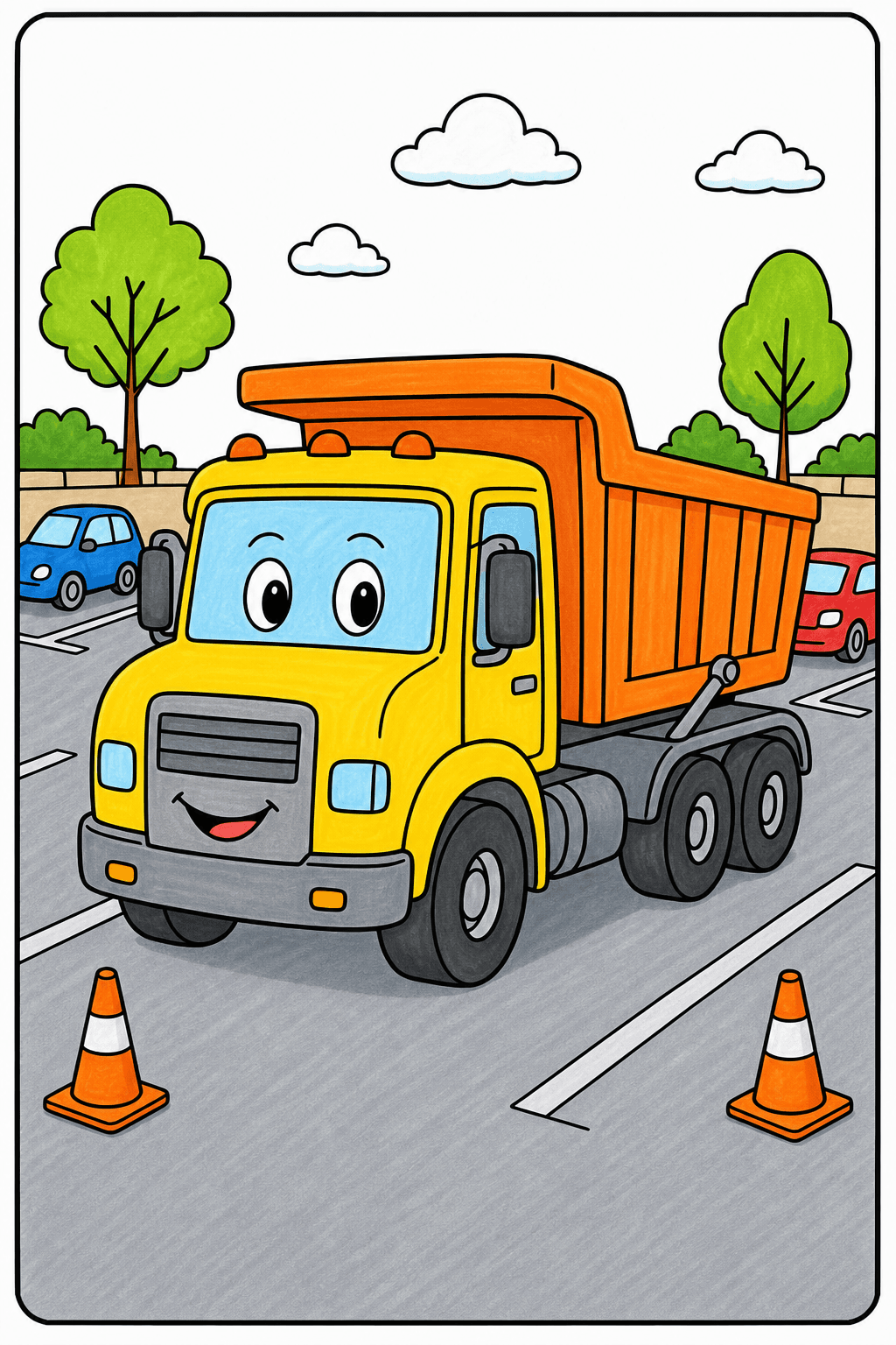 Smiling Dump Truck in a Parking Lot marker colorized preview
