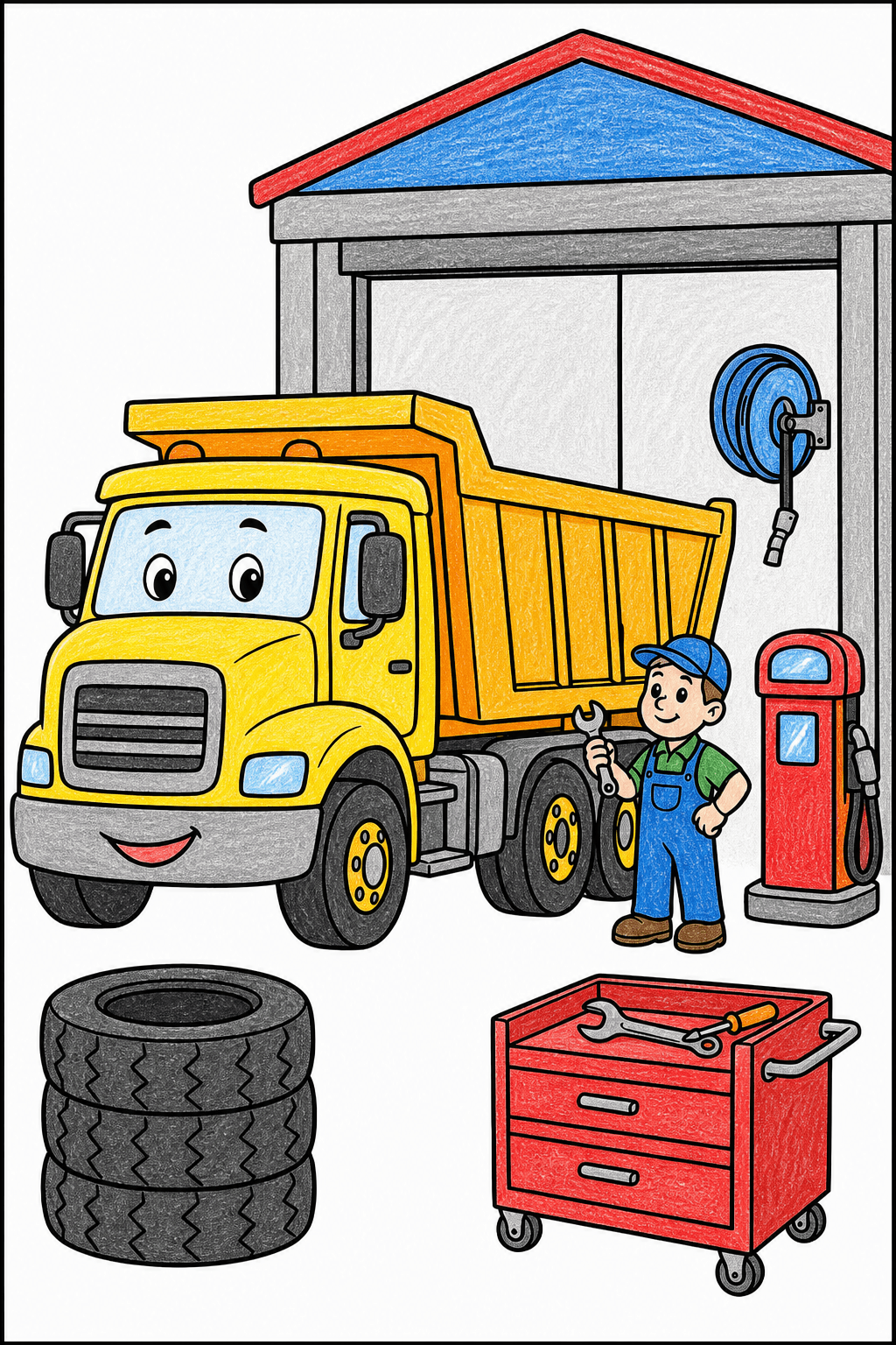 Dump Truck at a Service Station crayon colorized preview