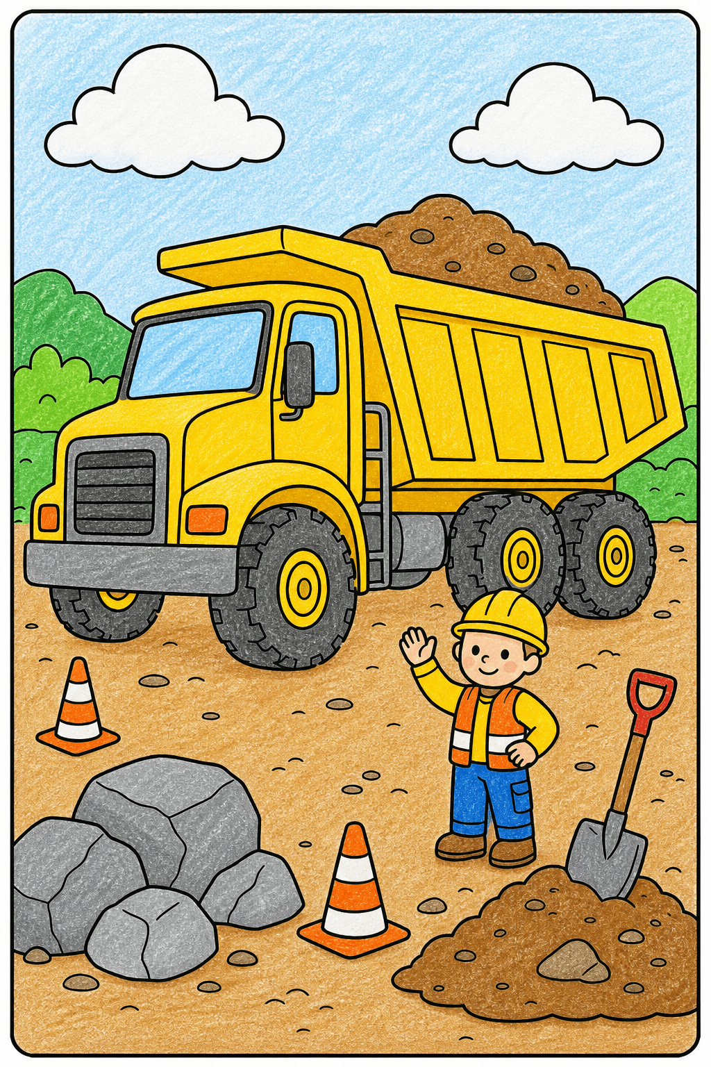 Dump Truck and Worker at a Construction Site crayon colorized preview