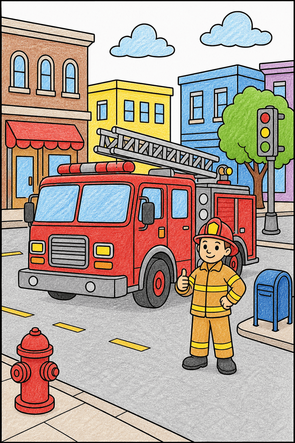 Fire Truck and Firefighter on a City Street crayon colorized preview