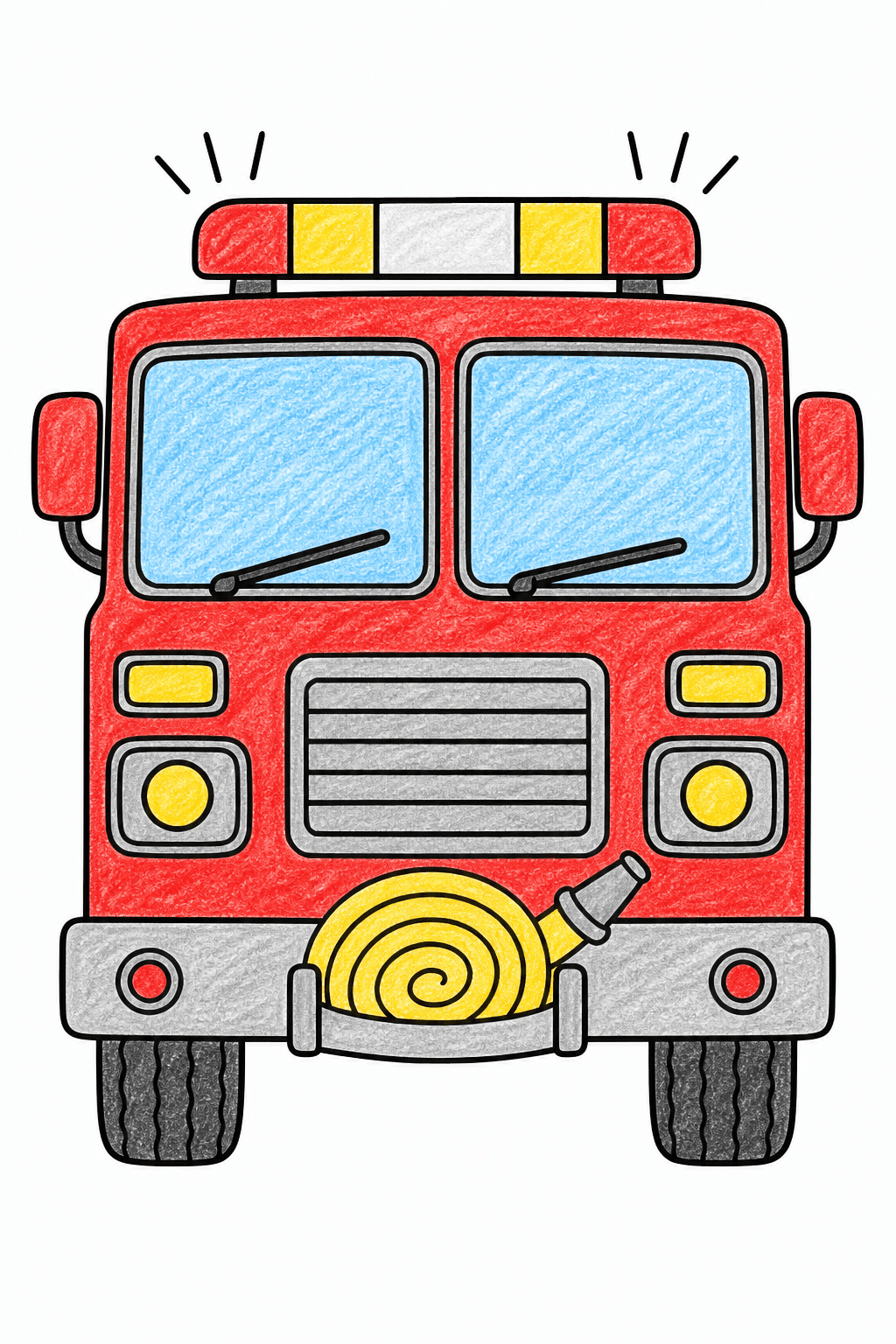 Front View of a Fire Truck with a Coiled Hose crayon colorized preview