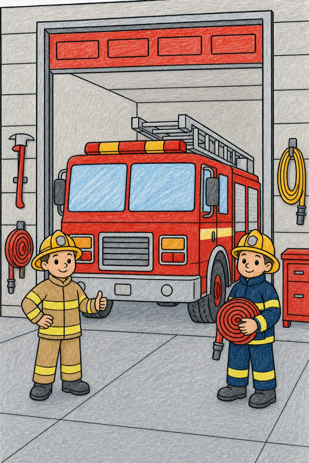 Fire Truck with Firefighters in a Station Bay crayon colorized preview