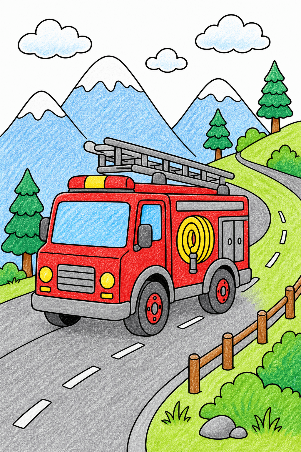 Fire Truck on a Winding Mountain Road crayon colorized preview
