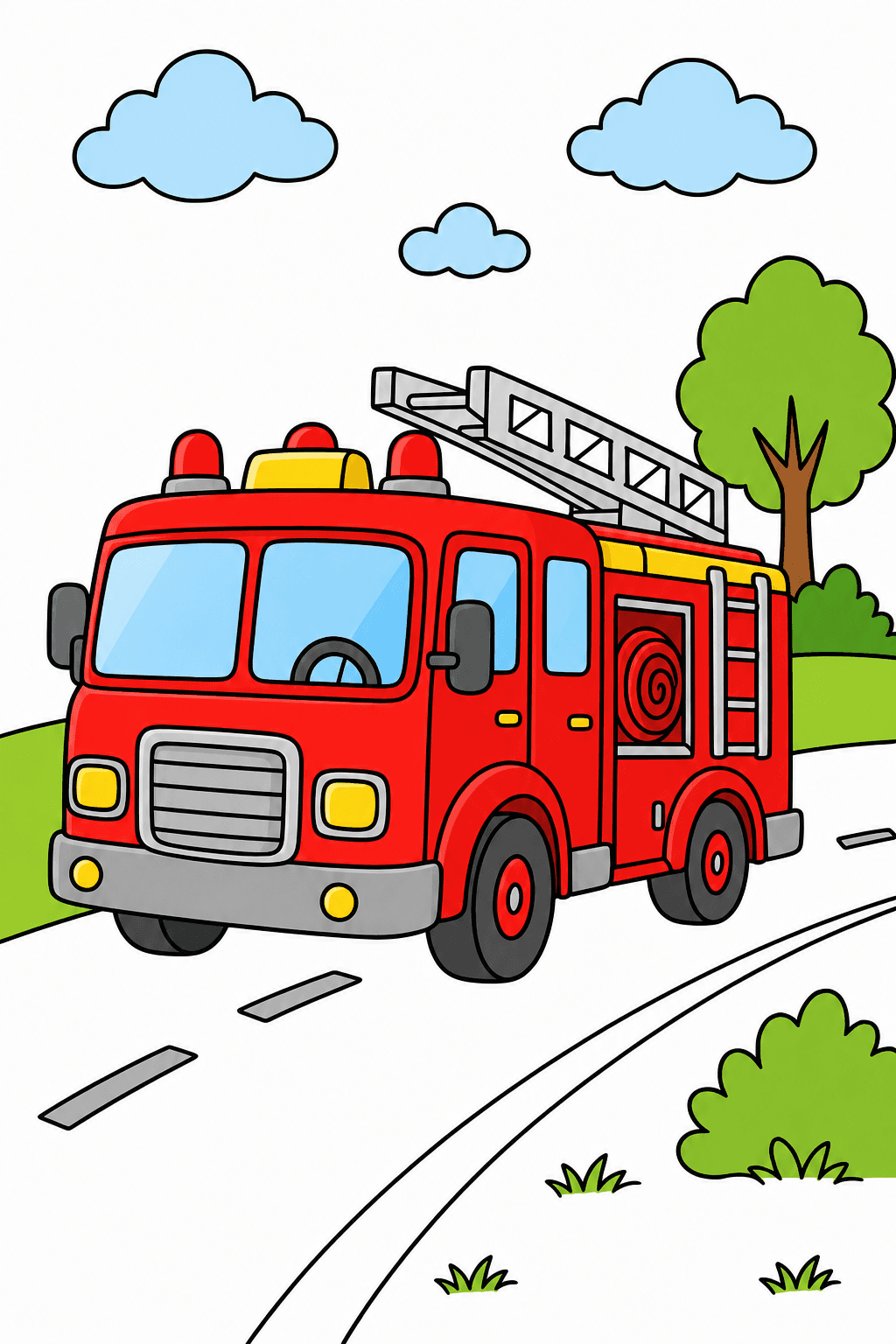 Fire Truck Traveling on a Curving Road clean-digital colorized preview