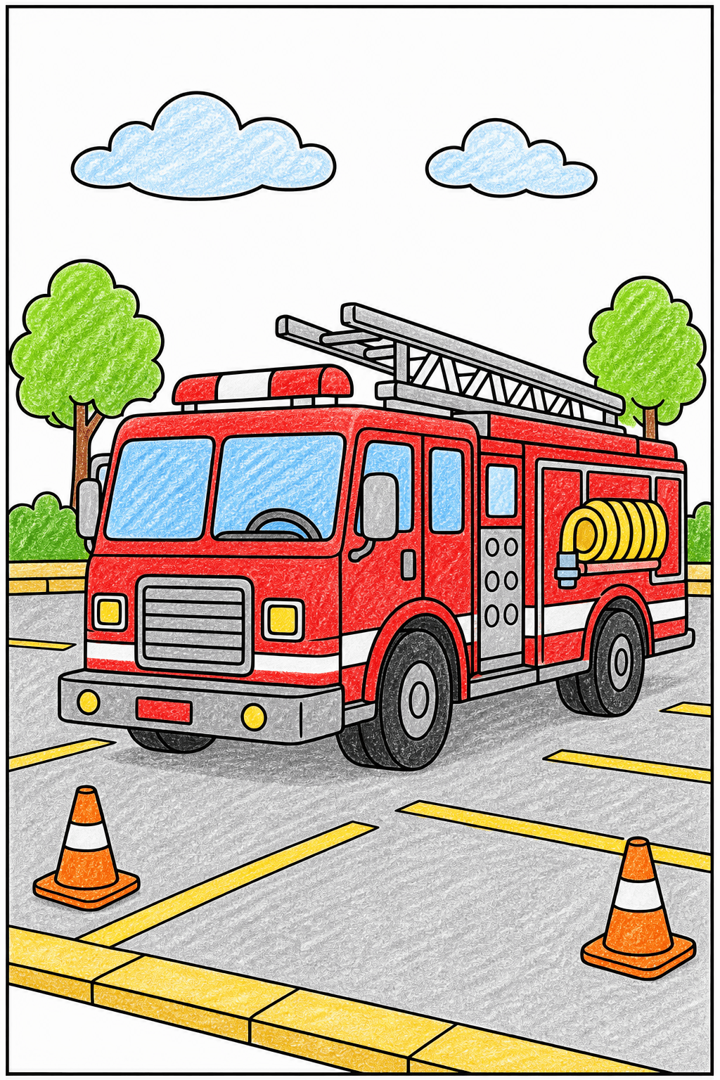 Fire Truck Parked in a Lot crayon colorized preview
