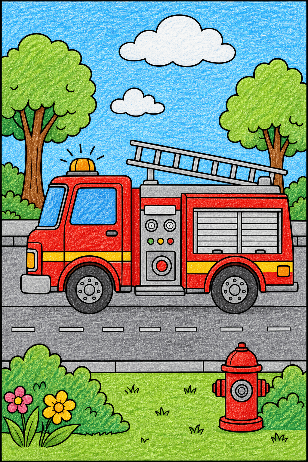 Fire Truck on a Road Beside a Hydrant crayon colorized preview