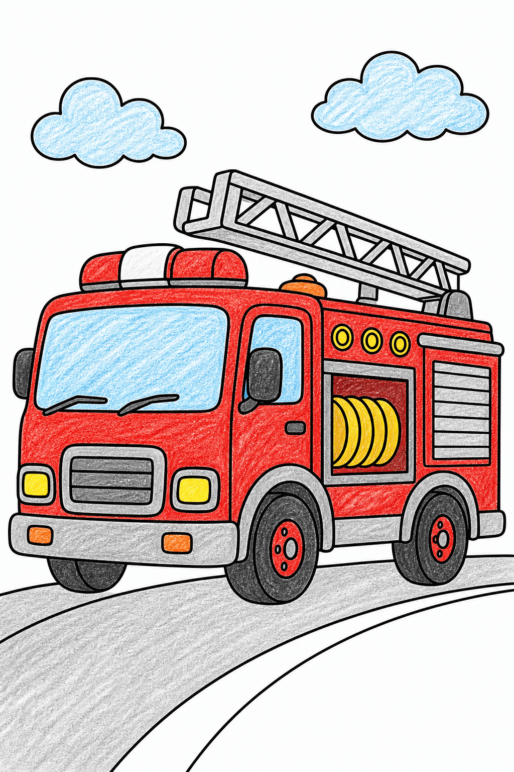 Fire Truck with a Roof-Mounted Ladder crayon colorized preview