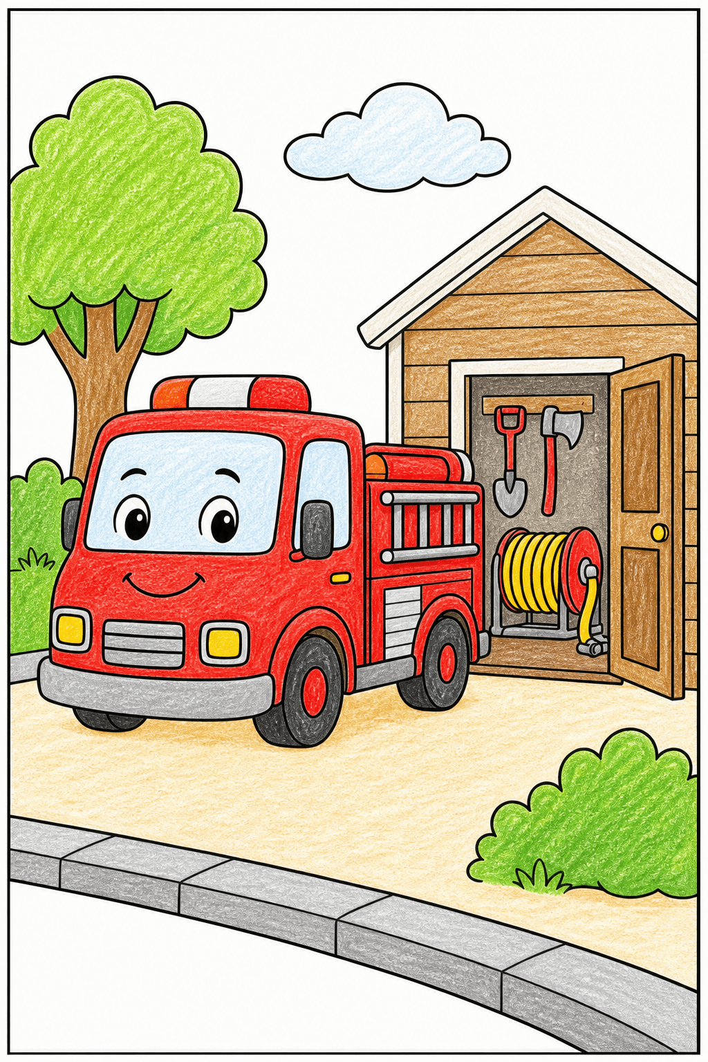 Smiling Fire Truck Beside a Tool Shed crayon colorized preview