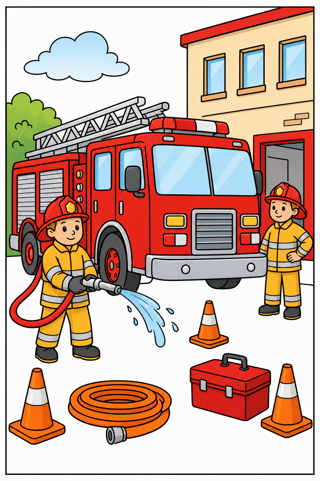 Firefighters Working Beside a Fire Engine clean-digital colorized preview
